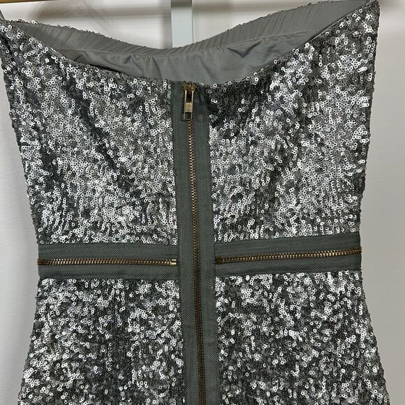 DRESS THE POPULATION Women’s Sequined Ava Strapless Mini Dress Silver Size XS - Picture 10 of 15